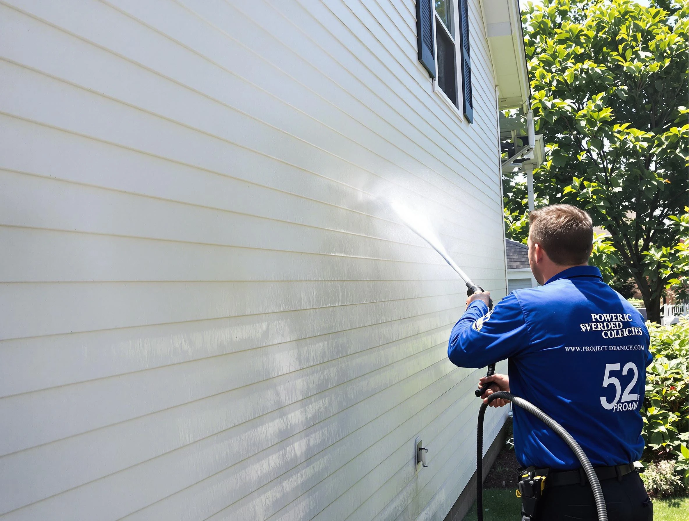 A Strongsville Power Washing technician power washing a home in Strongsville