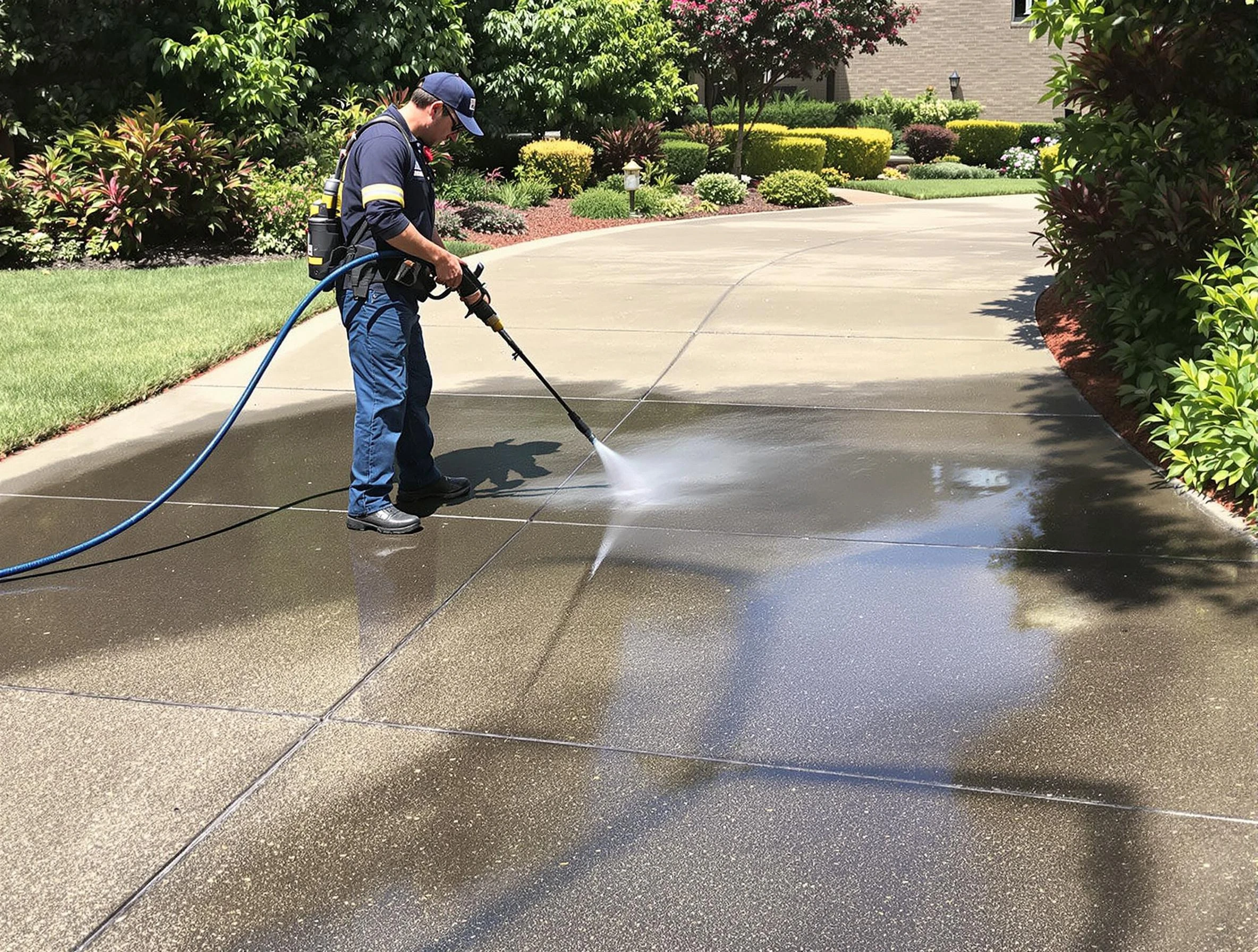 Experienced Strongsville Power Washing team member pressure washing a driveway in Strongsville
